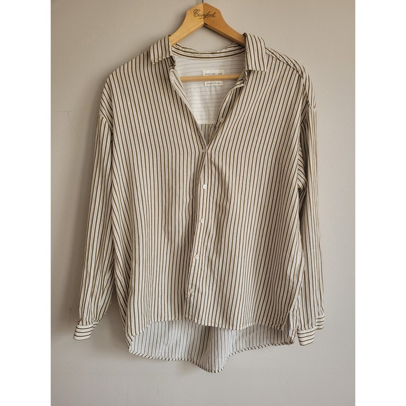 Harris Wilson Tops - Harris Wilson Edouard Striped Button Shirt Olive Green White Viscose Cotton S
